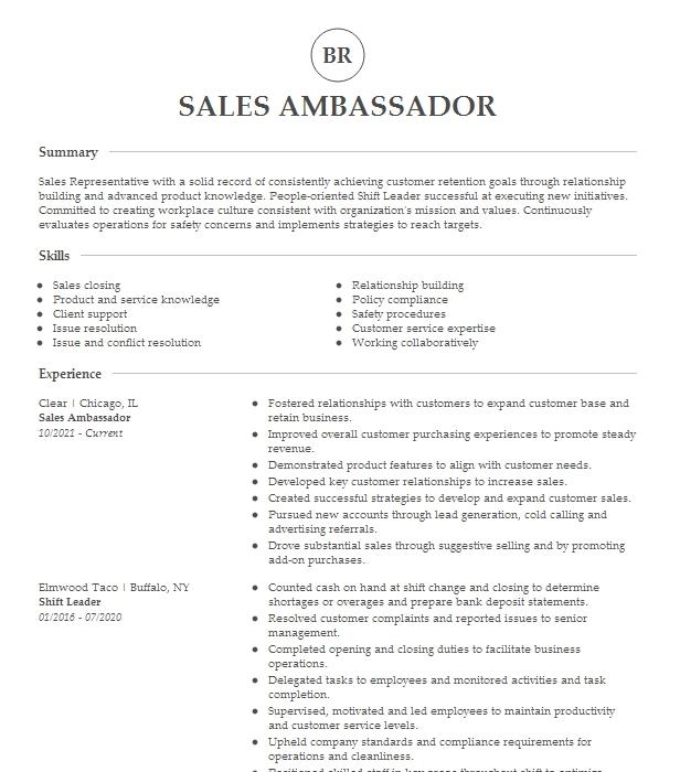 Sales Ambassador Resume Example