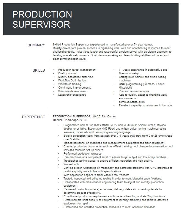 Production Supervisor Resume Example