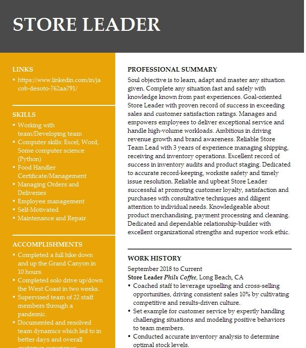 Store Leader Resume Example