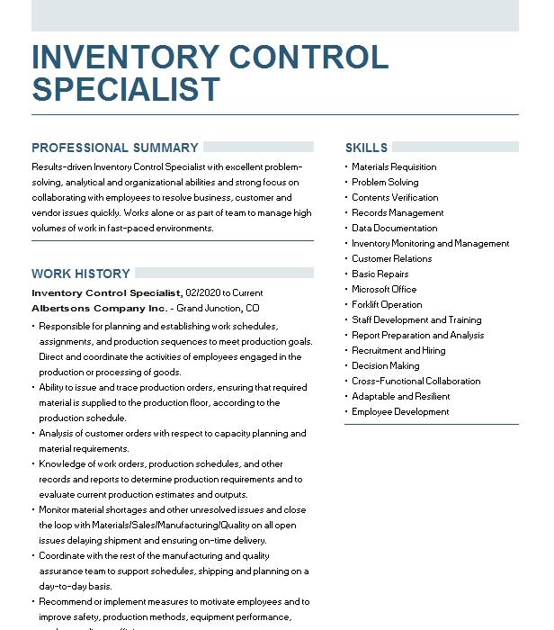 Inventory Control Specialist Resume Objective Livecareer 5534