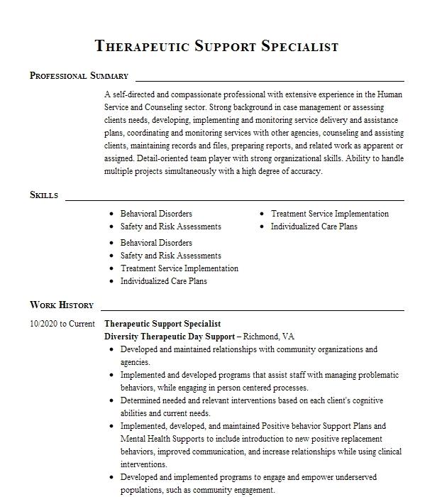 Therapeutic Support Specialist Resume Example