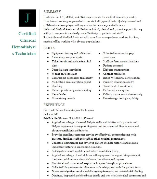 Ccht (certified Clinical Hemodialysis Technician) Resume Example