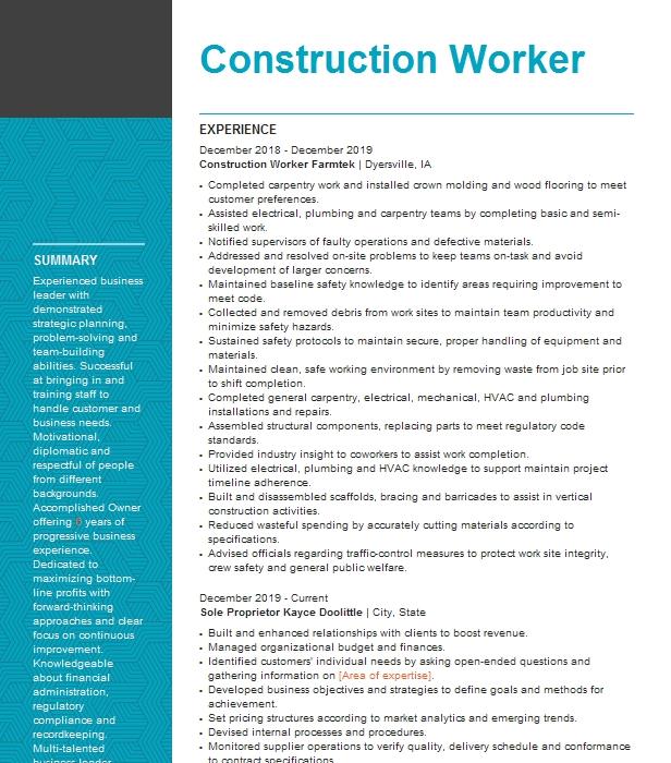 Construction Worker Resume Example