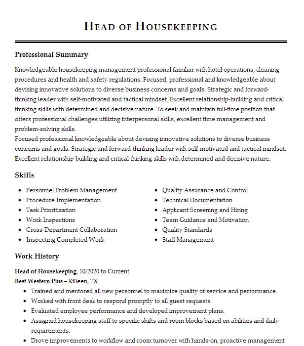 Head Of Housekeeping Resume Example