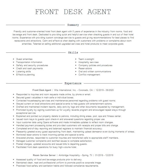 Front Desk Agent Resume Example