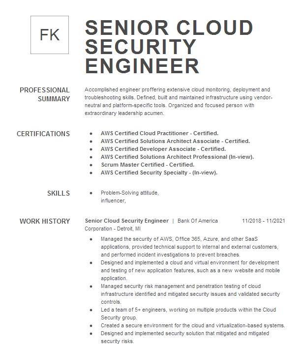 Senior Cloud Security Engineer Resume Example