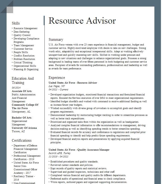 Resource Advisor Resume Example