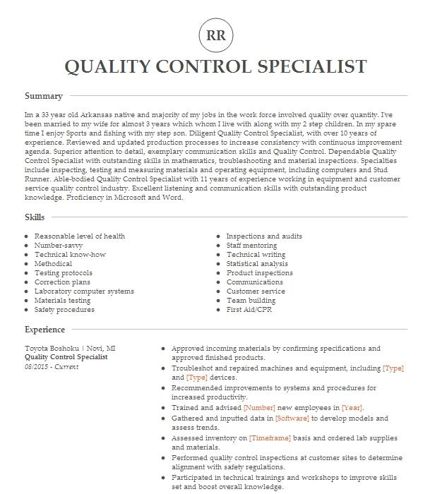 Quality Control Specialist Resume Example