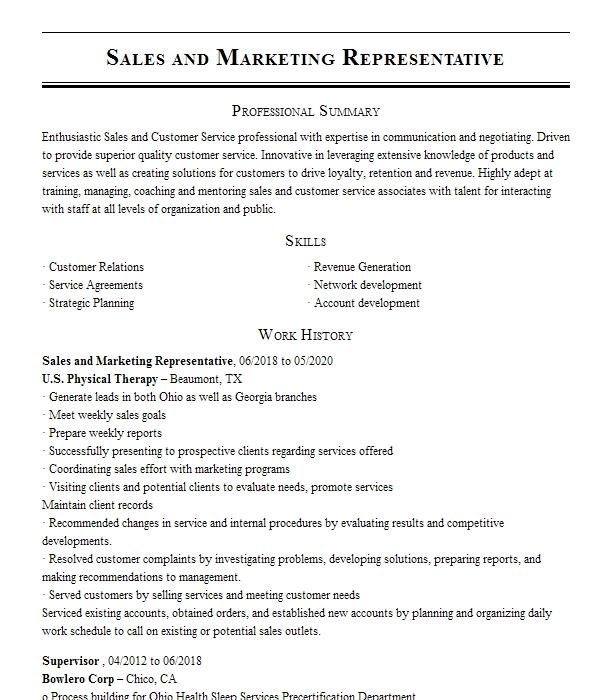 Sales Representative Marketing Resume Example