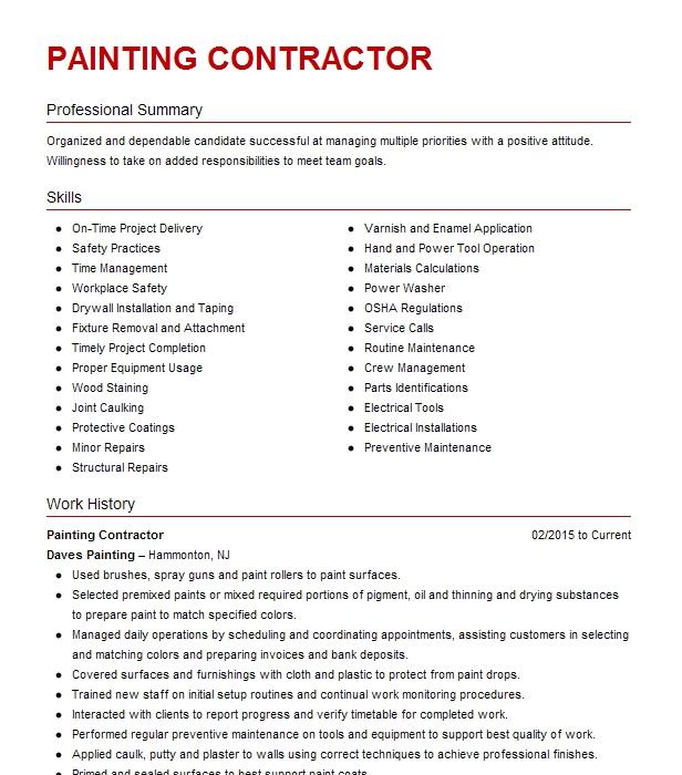 Painting Contractor Resume Example