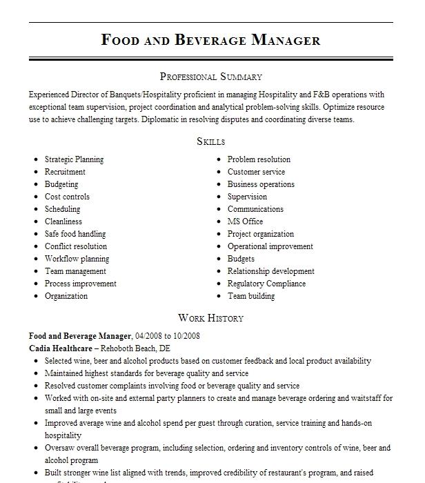 Food And Beverage Operations Manager (banquets) Resume Example