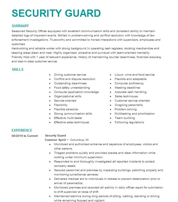 Security Guard Resume Example