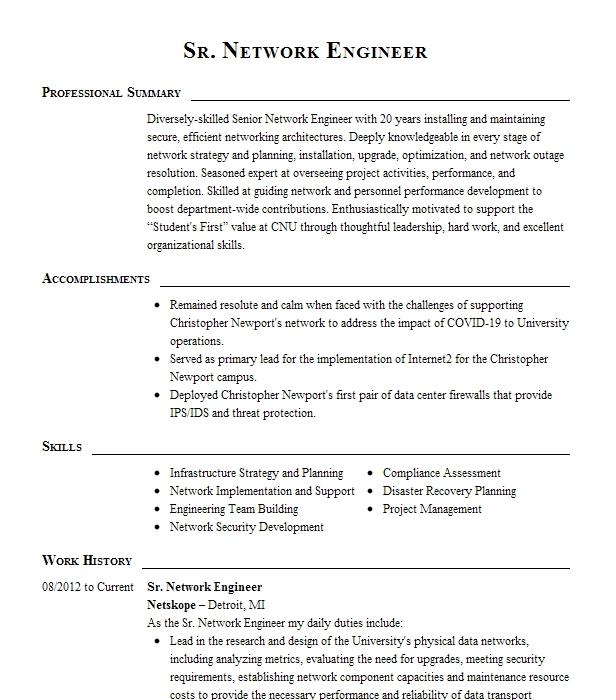 Sr. Network Engineer Resume Example