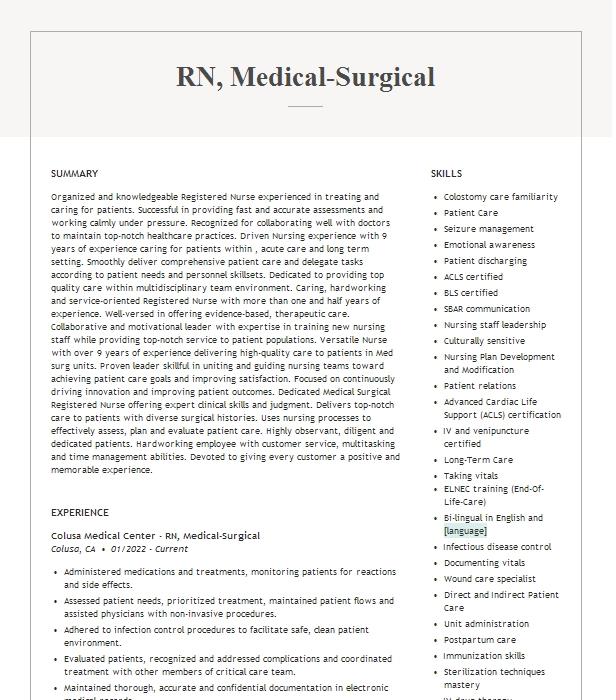 Rn, Medical Surgical Resume Example