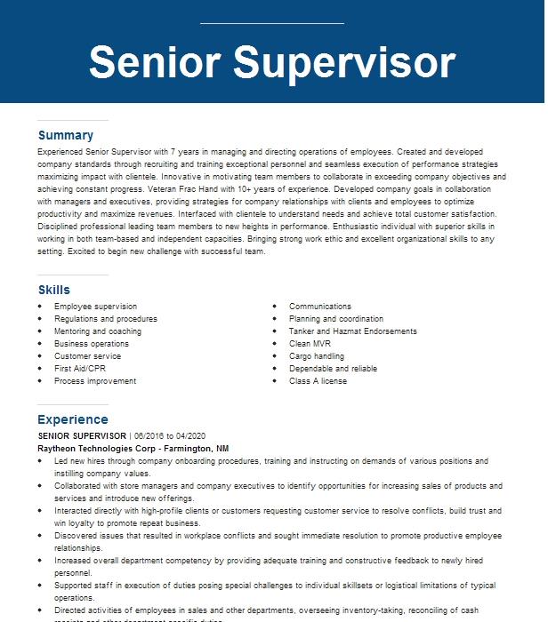 Senior Supervisor Resume Example