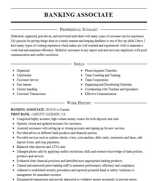 Banking Associate Resume Example