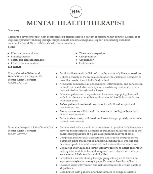 Mental Health Therapist Resume Example