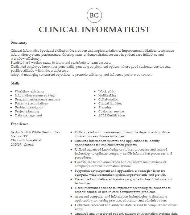 Clinical Informaticist Resume Example