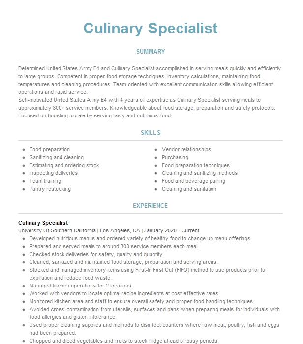 Culinary Specialist Resume Example