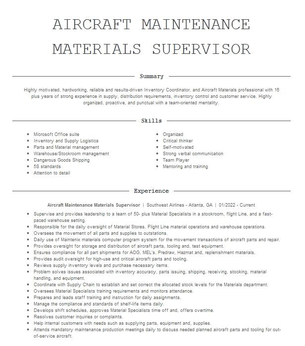 Master Sergeant Aircraft Maintenance Supervisor Resume Example 2391