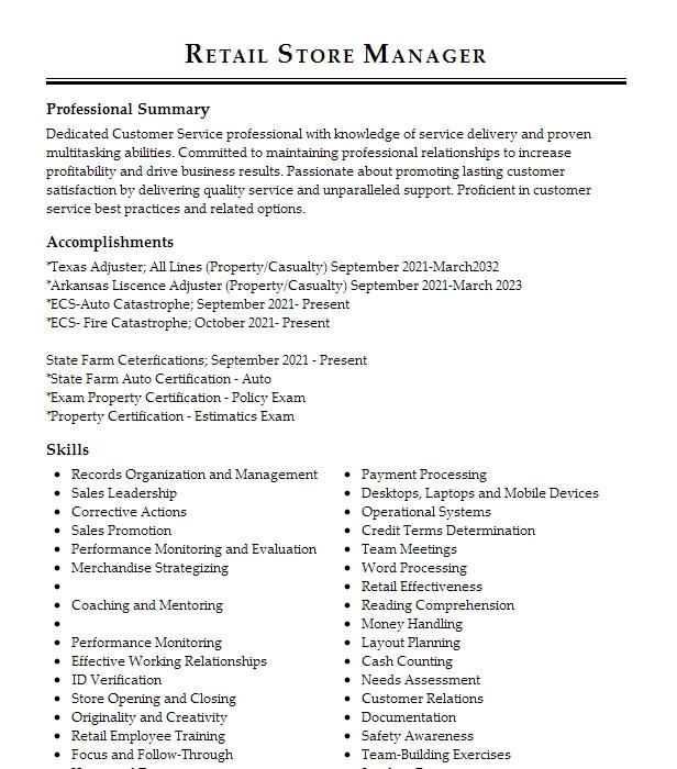 Retail Store Manager Resume Example