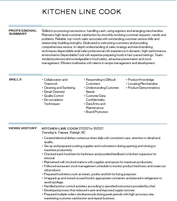 Kitchen Line Cook Resume Example