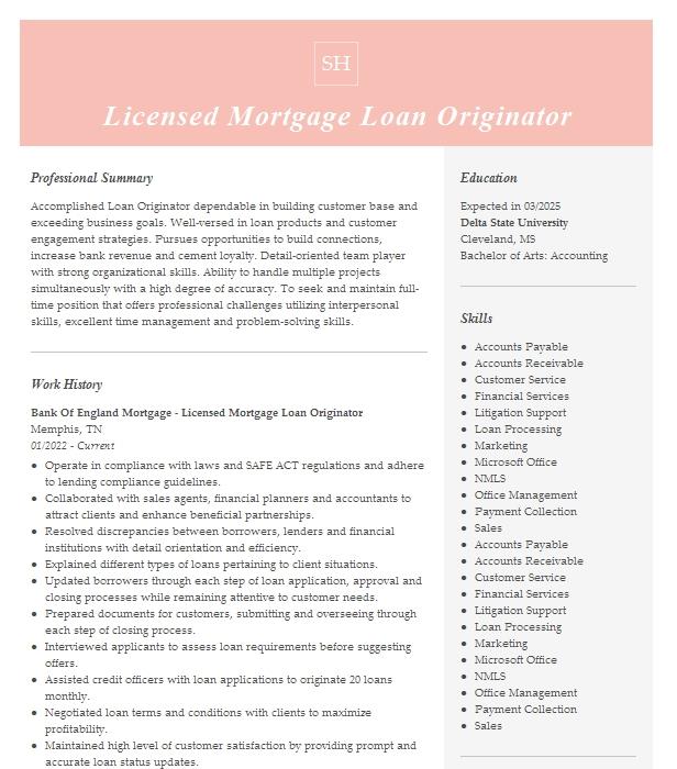 Mortgage Loan Originator Assistant Licensed Resume Example