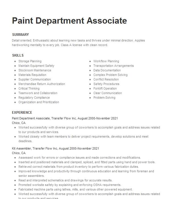 Paint Department Associate Resume Example