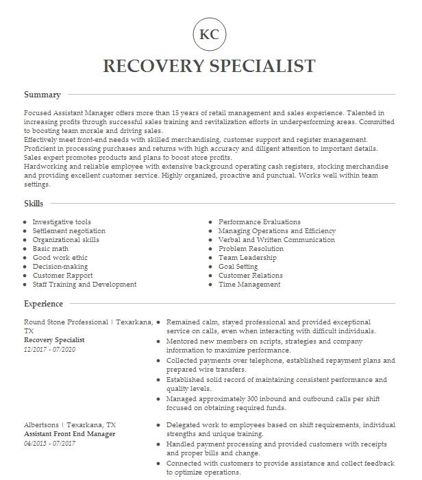 Recovery Specialist Resume Example