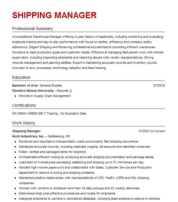 Shipping Manager Resume Example