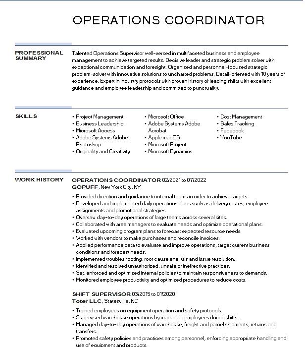 Operations Coordinator Resume Example