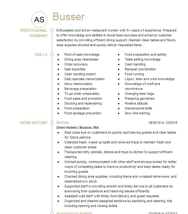 Food Runner And Busser Resume Example