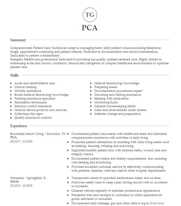 Pca Resume Example