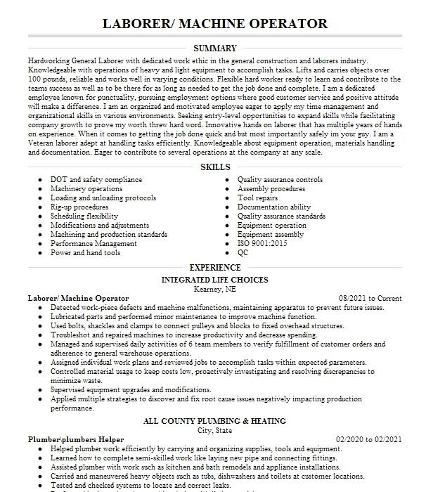 Laborer Operator Specialist Resume Example