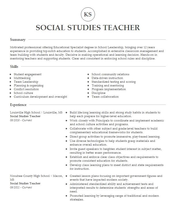 Social Studies Teacher Resume Example