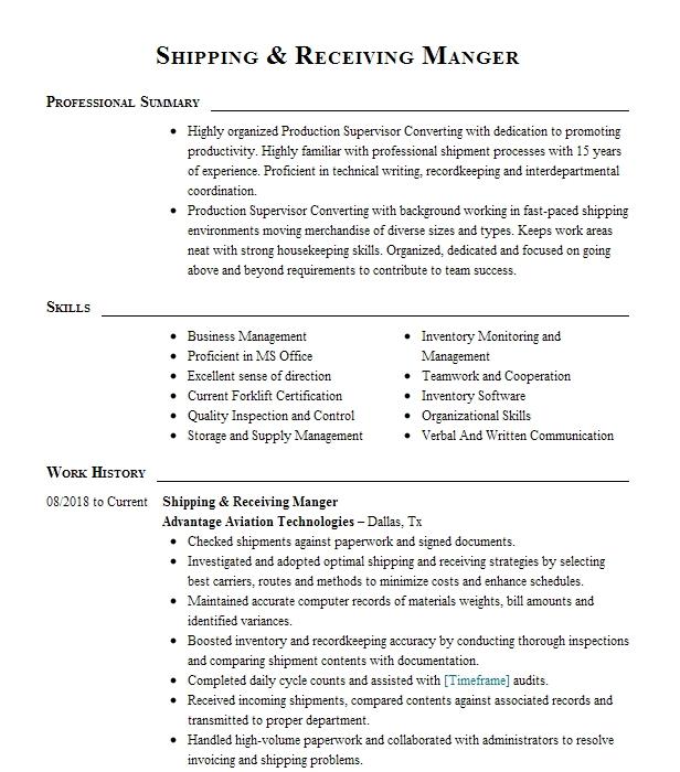 Shipping Receiving Manger Resume Example