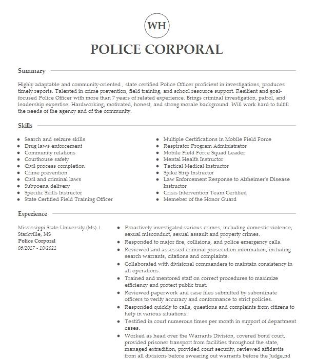 Police Corporal Resume Example