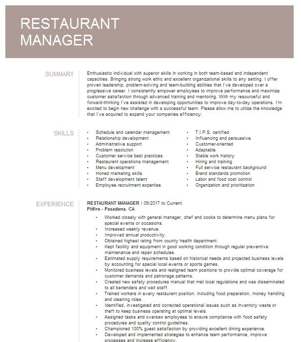 Restaurant Manager Resume Example