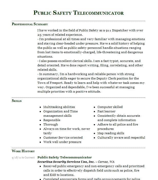 Public Safety Telecommunicator Resume Example