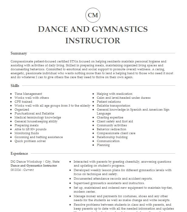 Gymnastics Coach Instructor Resume Example