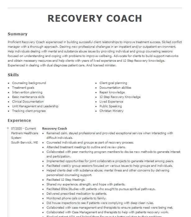 Recovery Coach Resume Example