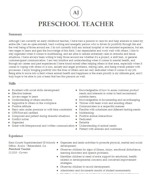 Preschool Teacher Resume Example