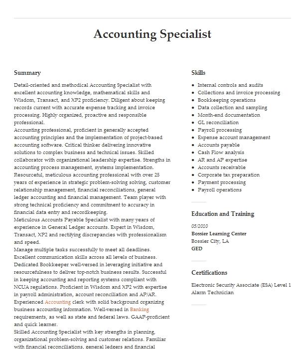 Accounting Specialist Resume Example