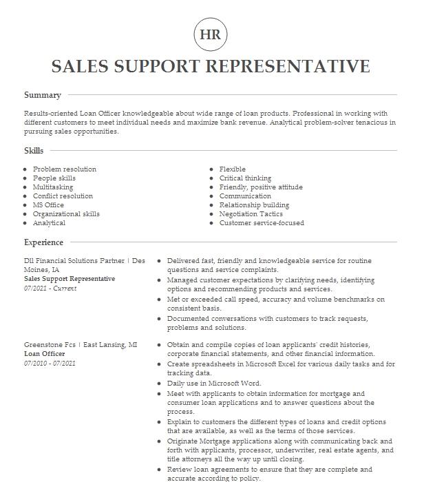 Sales Support Representative Resume Example