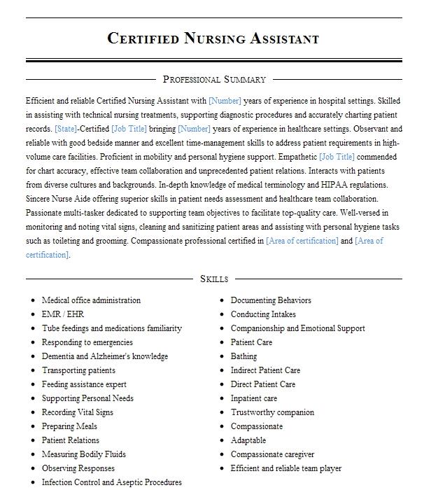 Certified Nursing Assistant Resume Example