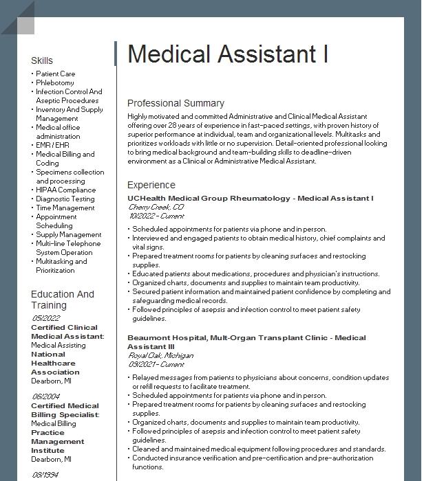 Medical Assistant I (ccma) Resume Example