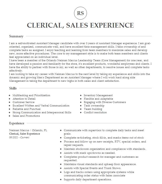 Clerical Sales Experience Resume Example