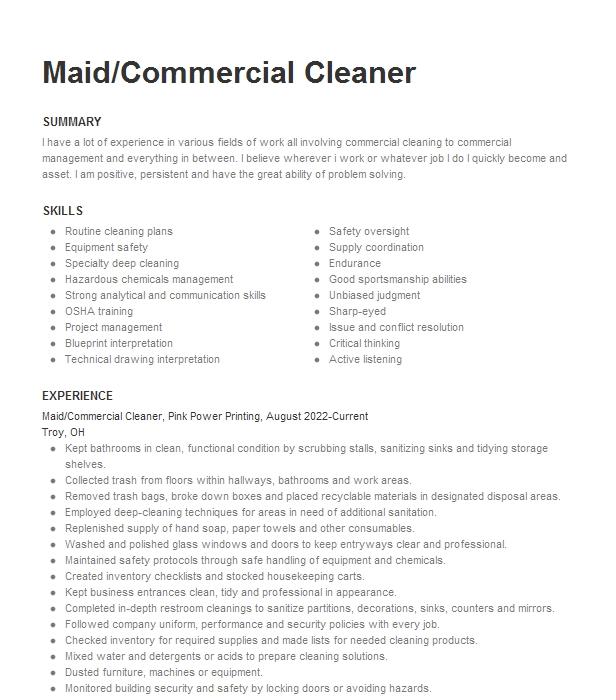 Assistant Maid Resume Example 7373