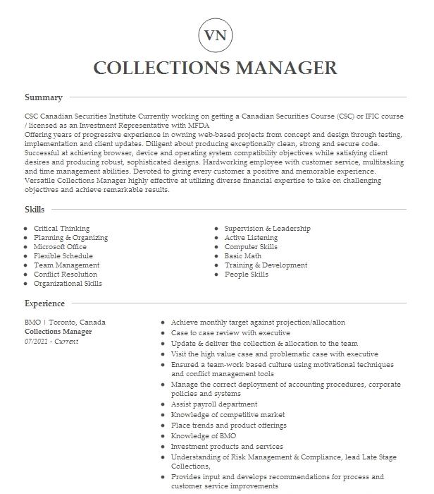 Collections Manager Resume Example