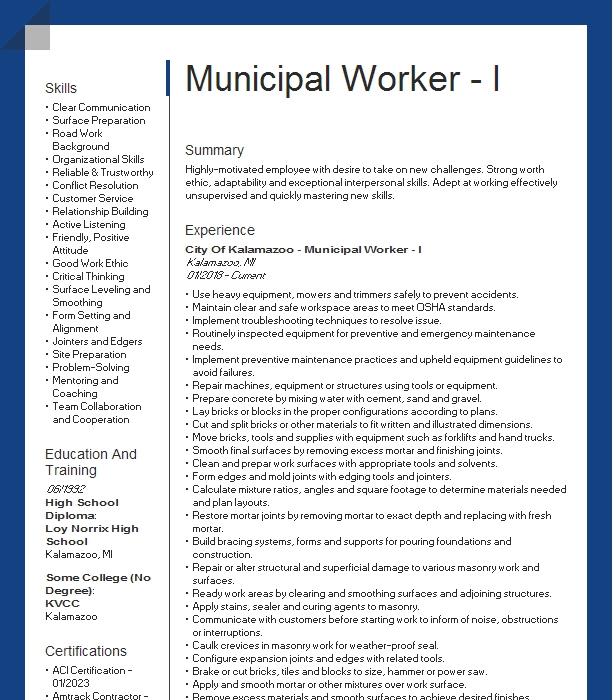 Municipal Worker Resume Example